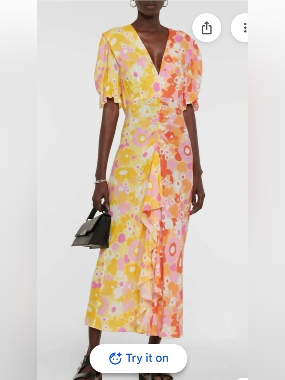 RIXO Multicolor Floral Wrap Midi Dress in Pink, Yellow & Orange
